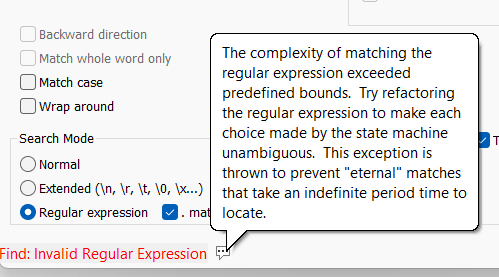 Trados Studio error message dialog box showing 'Invalid Regular Expression' with details about the complexity of matching the regular expression exceeding predefined bounds.