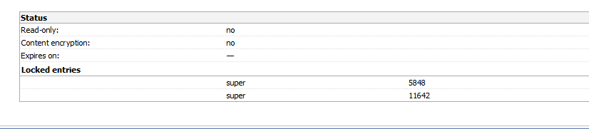 Trados Studio screenshot showing a status panel with 'Read-only: no', 'Content encryption: no', 'Expires on:  ', and 'Locked entries' with IDs 5848 and 11642 labeled as 'super'.