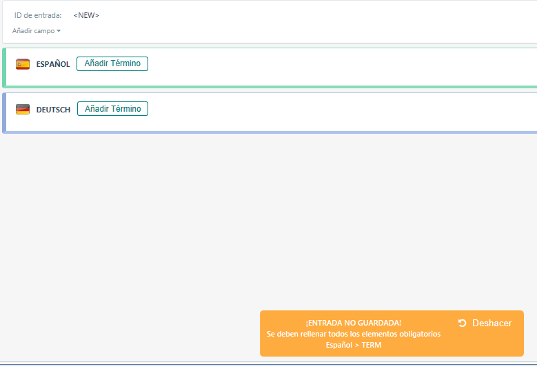 Trados Studio screenshot displaying an error message in Spanish 'ENTRADA NO GUARDADA! Se deben rellenar todos los elementos obligatorios Espanol > TERM' indicating an unsaved entry due to missing mandatory elements.