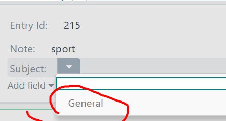 Trados Studio termbase entry interface showing Entry Id 215 with 'sport' in the Note field and 'General' selected in the Subject dropdown menu, circled in red.