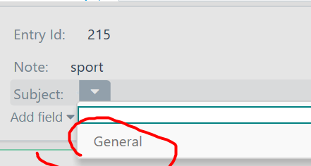 Close-up of a MultiTerm entry with Entry Id 215, showing a 'Note' field with the text 'sport' and a dropdown 'Subject' field with 'General' selected, circled in red.