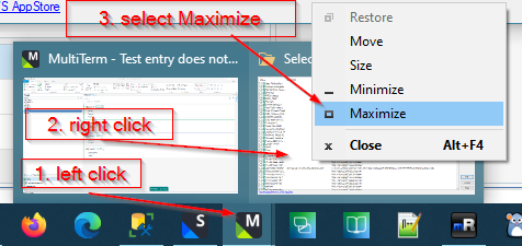 Screenshot showing a three-step process: 1. left click on the MultiTerm window, 2. right click on the window's title bar, 3. select Maximize from the dropdown menu.