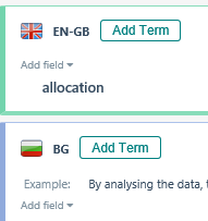 Trados Studio glossary entry with 'EN-GB' selected, 'allocation' term added, and 'Example' in English incorrectly under 'BG' language field.