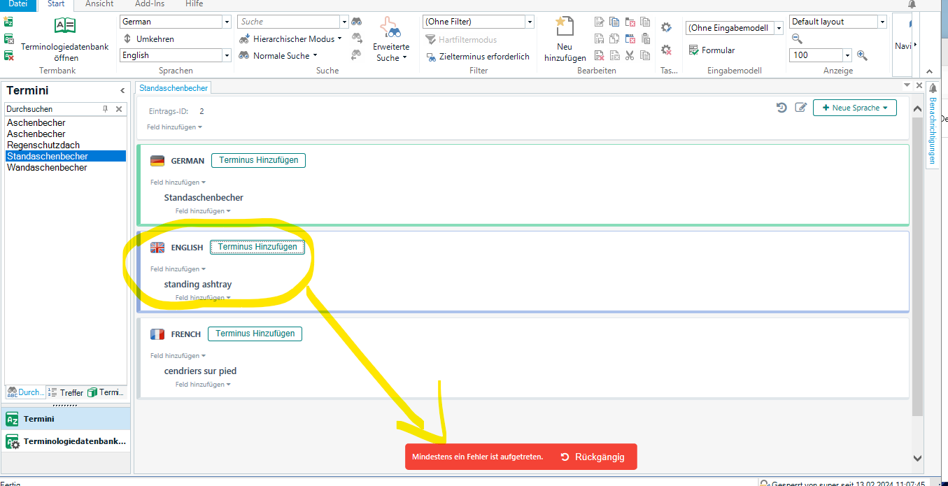 Screenshot of Trados Studio's MultiTerm 2022 with an error message 'At least one error has occurred.' while trying to add the English term 'standing ashtray' to a termbase entry.