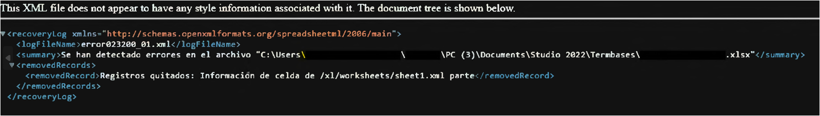 XML recovery log showing errors detected in an Excel file located in the Trados Studio 2022 TermBases directory, with cell information removed from sheet1.xml.