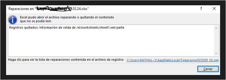 Excel error message stating the file was opened by repairing or removing unreadable content, with removed records from sheet1.xml part.