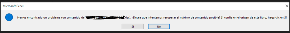 Microsoft Excel warning about a problem with the content of an Excel file, asking if the user wants to recover as much content as possible.