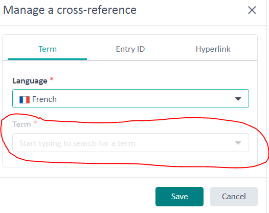 Trados Studio screenshot of 'Manage a cross-reference' dialog with fields for Language and Term in French, with a red outline indicating an action required.
