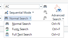 Close-up of Trados Studio search options dropdown menu with 'Normal Search' selected, no errors or warnings displayed.