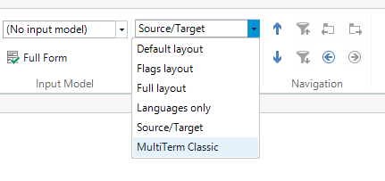 Trados Studio display layout options with 'SourceTarget' selected from the dropdown menu, no errors or warnings shown.