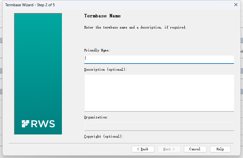 Screenshot of MultiTerm Termbase Wizard Step 2 of 5 showing fields for Friendly Name, Description, Organization, and Copyright. The left side of the window is obscured by a large teal block.