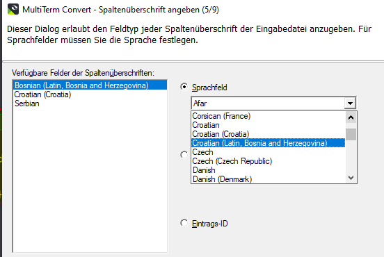 Screenshot of MultiTerm Convert dialog box step 59 showing available fields for column headers with languages Bosnian, Croatian, and Serbian listed, and a language field dropdown menu with Croatian selected.