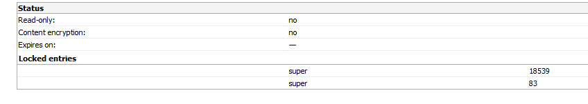 Screenshot of MultiTerm software showing a status section with 'Read-only: no' and 'Content encryption: no'. Below, a 'Locked entries' section lists entries 'super' with IDs 18539 and 83.