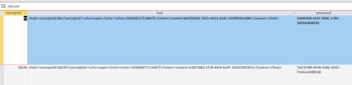 Database view showing locked entries in MultiTerm with concept IDs 83 and 18539, including XML-like tags with user, date, and session ID information.