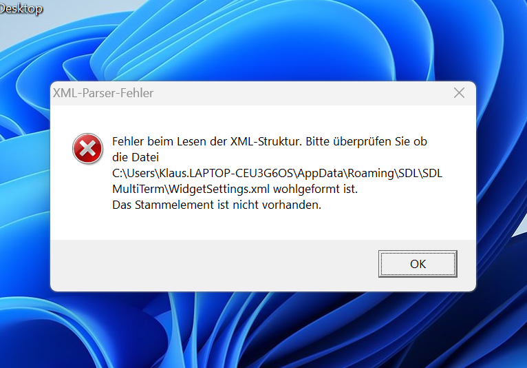 Error message in German on a computer screen indicating an issue with reading the XML structure and a missing root element in a file path for SDL MultiTerm WidgetSettings.xml.