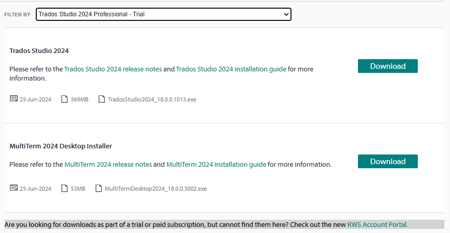 Downloads page filtered by 'Trados Studio 2024 Professional - Trial' showing Trados Studio 2024 and MultiTerm 2024 available for download with release date and file size.