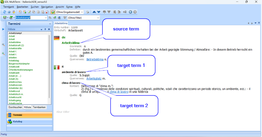 Screenshot of SDL MultiTerm software showing a source term 'Arbeitsklima' in German with definitions and two target terms 'ambiente di lavoro' and 'clima di lavoro' in Italian with their respective definitions and contexts.