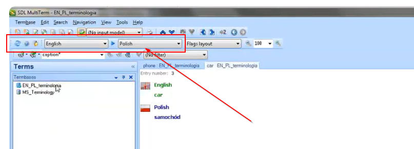 Screenshot of SDL MultiTerm with English-Polish dictionary. A red arrow points to a term 'car' in English with its Polish translation 'samochod'. An error message 'No filter' is visible.