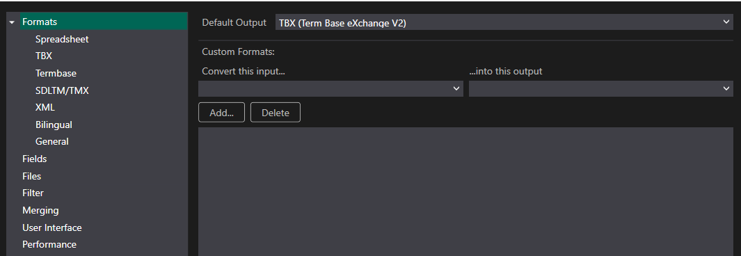 Screenshot of MultiTerm software showing Formats menu with TBX (Term Base eXchange V2) selected as Default Output.