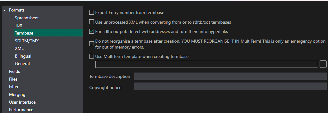 Screenshot of MultiTerm software with Termbase options, including checkboxes for exporting entry numbers and detecting web addresses.