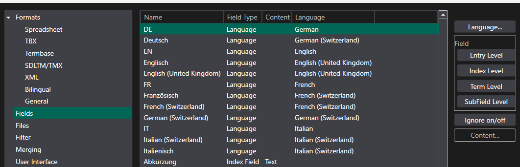 Screenshot of MultiTerm software displaying Fields menu with a list of languages and field types, such as German, English, and French.