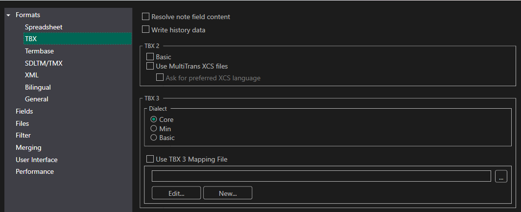 Screenshot of MultiTerm software settings with TBX format selected. Options for TBX 2 include 'Basic' and 'Use MultiTrans XCS files' with checkboxes. TBX 3 section has 'Dialect' options 'Core', 'Min', and 'Basic' with radio buttons and 'Use TBX 3 Mapping File' checkbox.