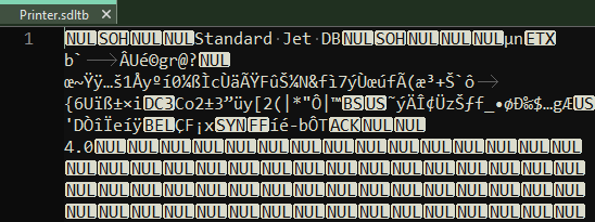 Screenshot of a MultiTerm error showing a file named 'Printer.sdltb' with corrupted or unreadable content, including 'NULL' and random characters.