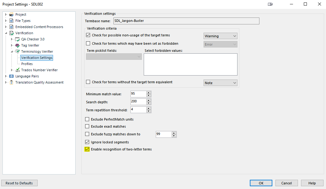 Screenshot of SDL Trados Studio Project Settings window, showing the Verification settings for the Terminology Verifier. The 'Enable recognition of two-letter terms' option is checked.