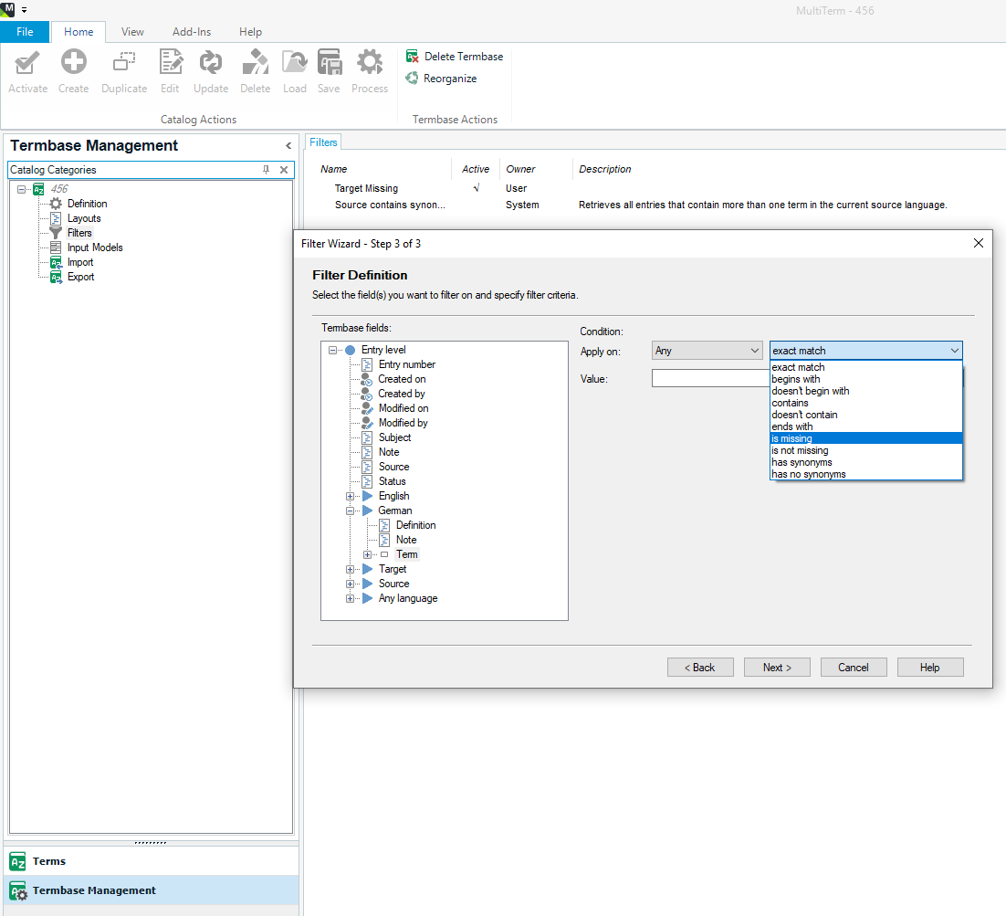 Screenshot of MultiTerm's Filter Wizard showing a list of term base fields with 'German' selected and a dropdown menu for condition options.