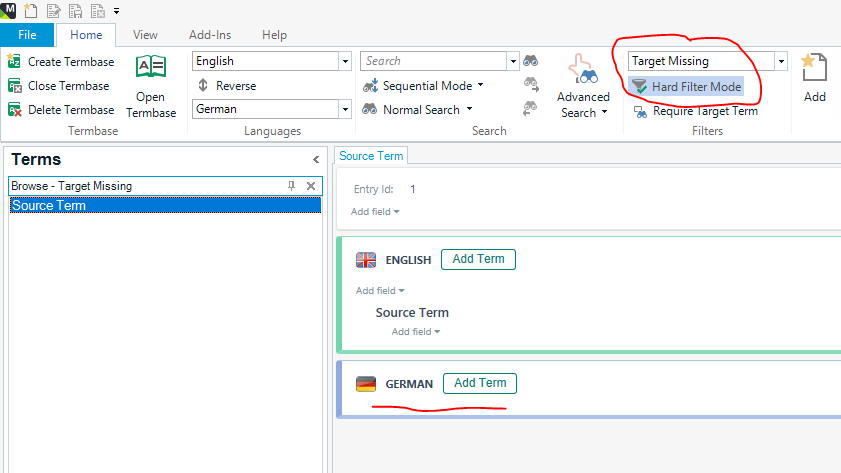 Screenshot of MultiTerm interface with 'Target Missing' and 'Hard Filter Mode' highlighted, indicating a filter is applied to show terms with missing German translations.