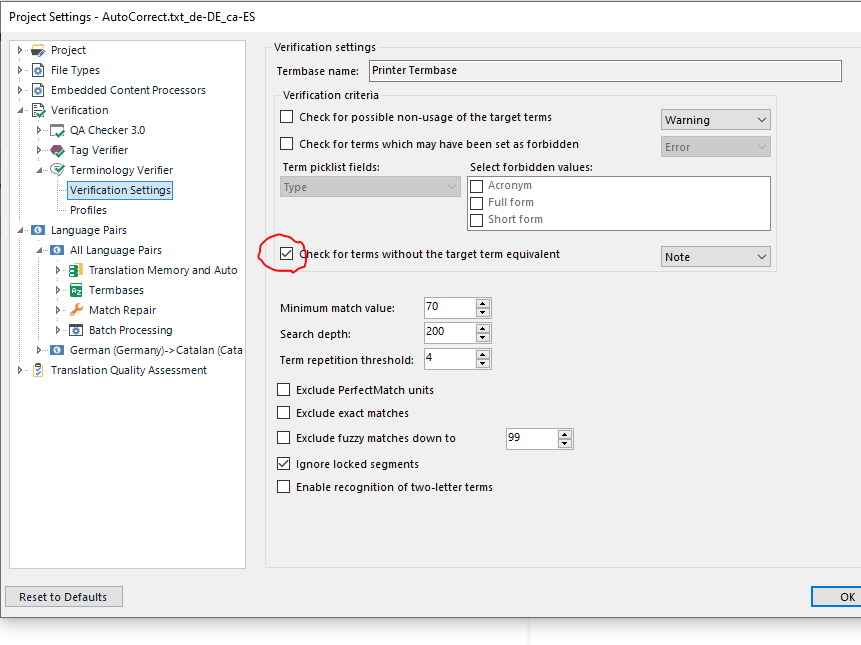 Screenshot of a settings window in MultiTerm with 'Check for terms without the target term equivalent' option highlighted, indicating a feature to find untranslated terms.