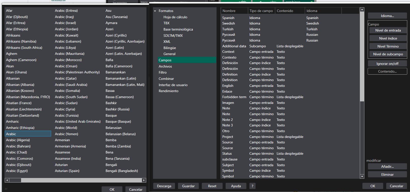 Screenshot of MultiTerm software showing a list of languages on the left, format options in the middle, and language field settings on the right with 'Campos' highlighted in green.