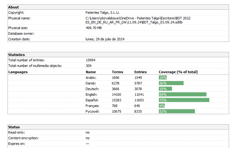 Screenshot of MultiTerm software displaying database statistics including total entries, multimedia objects, and language coverage percentages with a green progress bar.