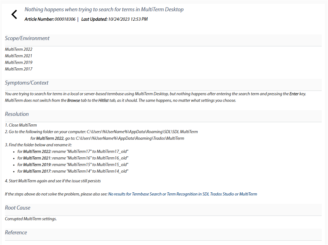 Knowledge base article titled 'Nothing happens when trying to search for terms in MultiTerm Desktop' with last update timestamp and resolution steps.