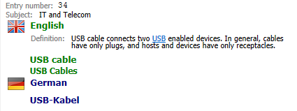 Termbase entry number 34 for 'USB cable' in English with definition and its German translation 'USB-Kabel'. Subject category is 'IT and Telecom'.