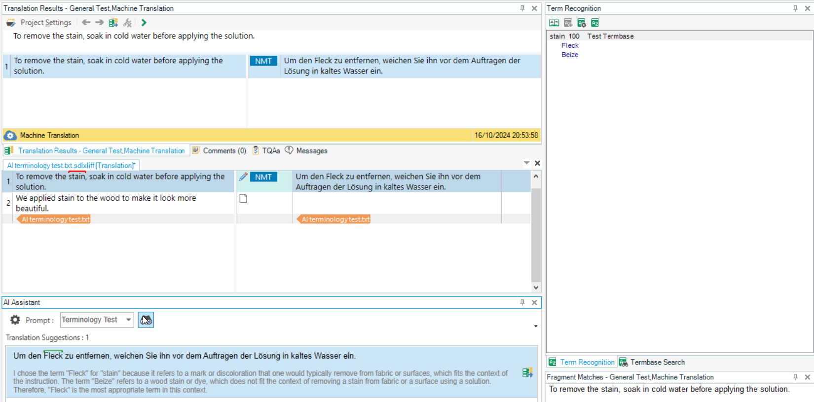 Screenshot of MultiTerm translation software showing two English to German translation results with term recognition for the word 'stain'. AI Assistant provides an explanation for choosing 'Fleck' as the translation.