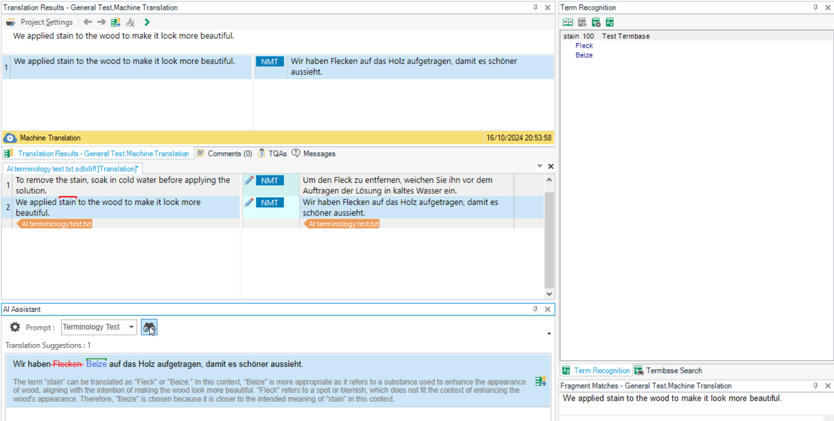 Screenshot of MultiTerm translation software displaying English to German translation results. The AI Assistant explains the choice of 'Beize' for the word 'stain' in the context of wood staining.