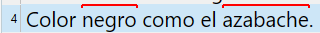 Text editor with the phrase 'Color negro como el azabache.' Both 'negro' and 'azabache' are underlined in red.