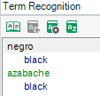 Term Recognition window showing two recognized terms: 'negro' and 'azabache,' both translated as 'black' in English.