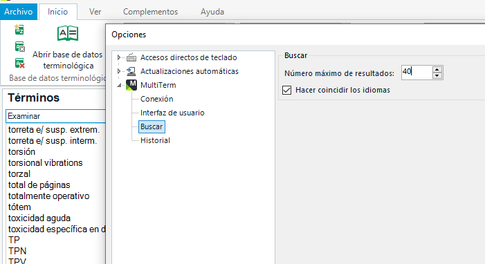 Screenshot of MultiTerm 2022 software showing the Options menu expanded with 'Buscar' submenu visible. The 'Numero maximo de resultados' is set to 40 with a checkbox for 'Hacer coincidir los idiomas'.