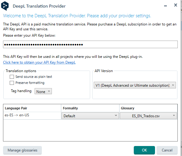 DeepL Translation Provider settings dialog box requesting API Key with translation options and language pair settings.