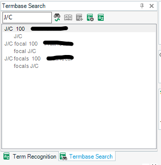 Termbase search window in SDL Studio 2024 with the search term 'JC' entered, showing multiple results including 'JC' and variations like 'focal JC'.