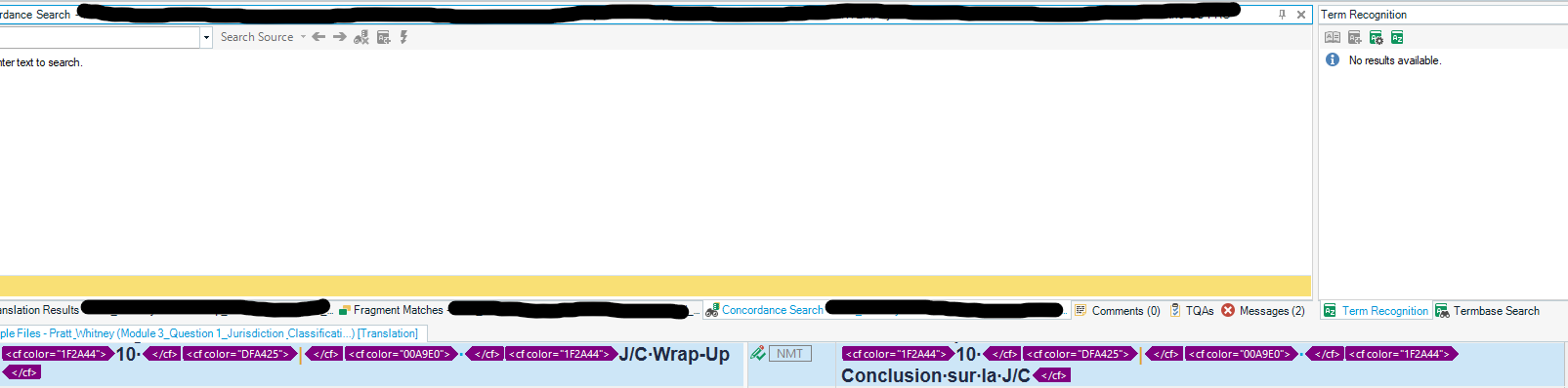 SDL Studio 2024 interface showing the translation results pane with the term 'JC Wrap-Up' highlighted, but the term recognition pane on the right displays 'No results available.'