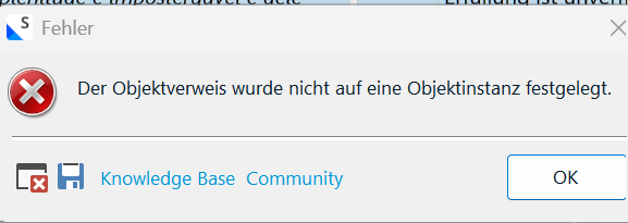 Error dialog box in German stating 'Der Objektverweis wurde nicht auf eine Objektinstanz festgelegt' with an OK button, and links to Knowledge Base and Community.