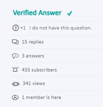 Sidebar widget showing a verified answer with a green checkmark, a thumbs-up icon, and various interaction options such as replies, answers, subscribers, views, and member presence.