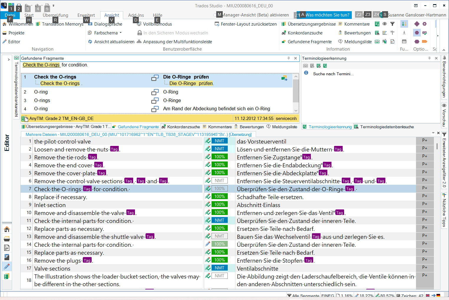 Screenshot of Trados Studio software with a focus on the Editor window. The 'Terminologieerkennung' (Terminology Recognition) pane on the right shows 'Suche nach Termini...' (Searching for terms...) without displaying results.