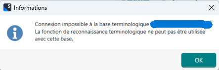 Error message in French stating 'Connexion impossible   la base terminologique. La fonction de reconnaissance terminologique ne peut pas  tre utilis e avec cette base.' with an OK button.