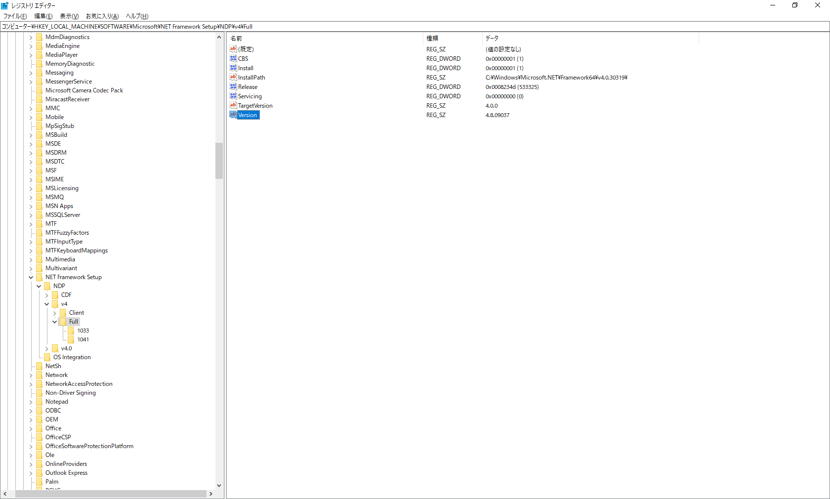 Screenshot of .NET Framework Setup registry showing version 4.8.03937 installed.