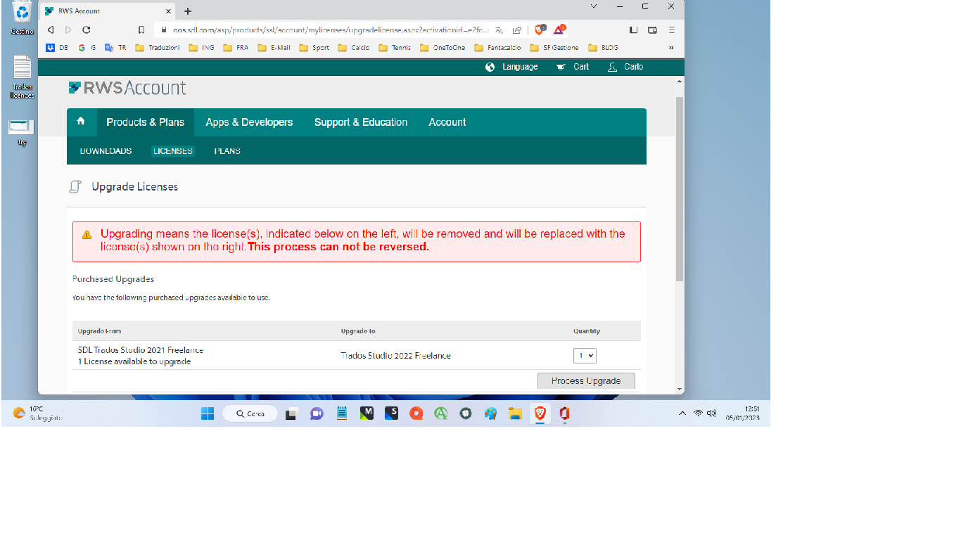 Screenshot of RWS Upgrade Licenses page with a warning message that upgrading the license cannot be reversed.