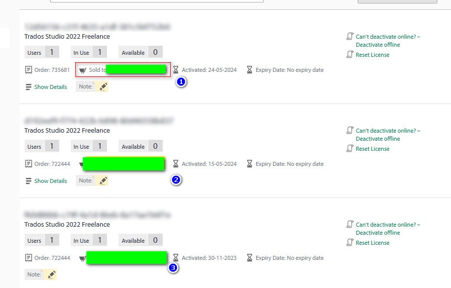 Screenshot of a software license management interface showing Trados Studio 2022 Freelance with 1 user, 1 in use, 0 available. A green progress bar indicates activation until 24-05-2024 with no expiry date. Options to deactivate offline and reset license are visible.